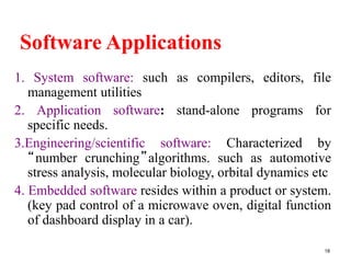 Software Applications
1. System software: such as compilers, editors, file
management utilities
2. Application software: stand-alone programs for
specific needs.
3.Engineering/scientific software: Characterized by
“number crunching”algorithms. such as automotive
stress analysis, molecular biology, orbital dynamics etc
4. Embedded software resides within a product or system.
(key pad control of a microwave oven, digital function
of dashboard display in a car).
18
 