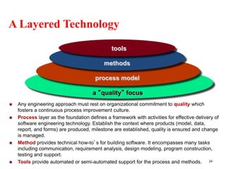 A Layered Technology
24
a “quality” focus
process model
methods
tools
 Any engineering approach must rest on organizational commitment to quality which
fosters a continuous process improvement culture.
 Process layer as the foundation defines a framework with activities for effective delivery of
software engineering technology. Establish the context where products (model, data,
report, and forms) are produced, milestone are established, quality is ensured and change
is managed.
 Method provides technical how-to’s for building software. It encompasses many tasks
including communication, requirement analysis, design modeling, program construction,
testing and support.
 Tools provide automated or semi-automated support for the process and methods.
 