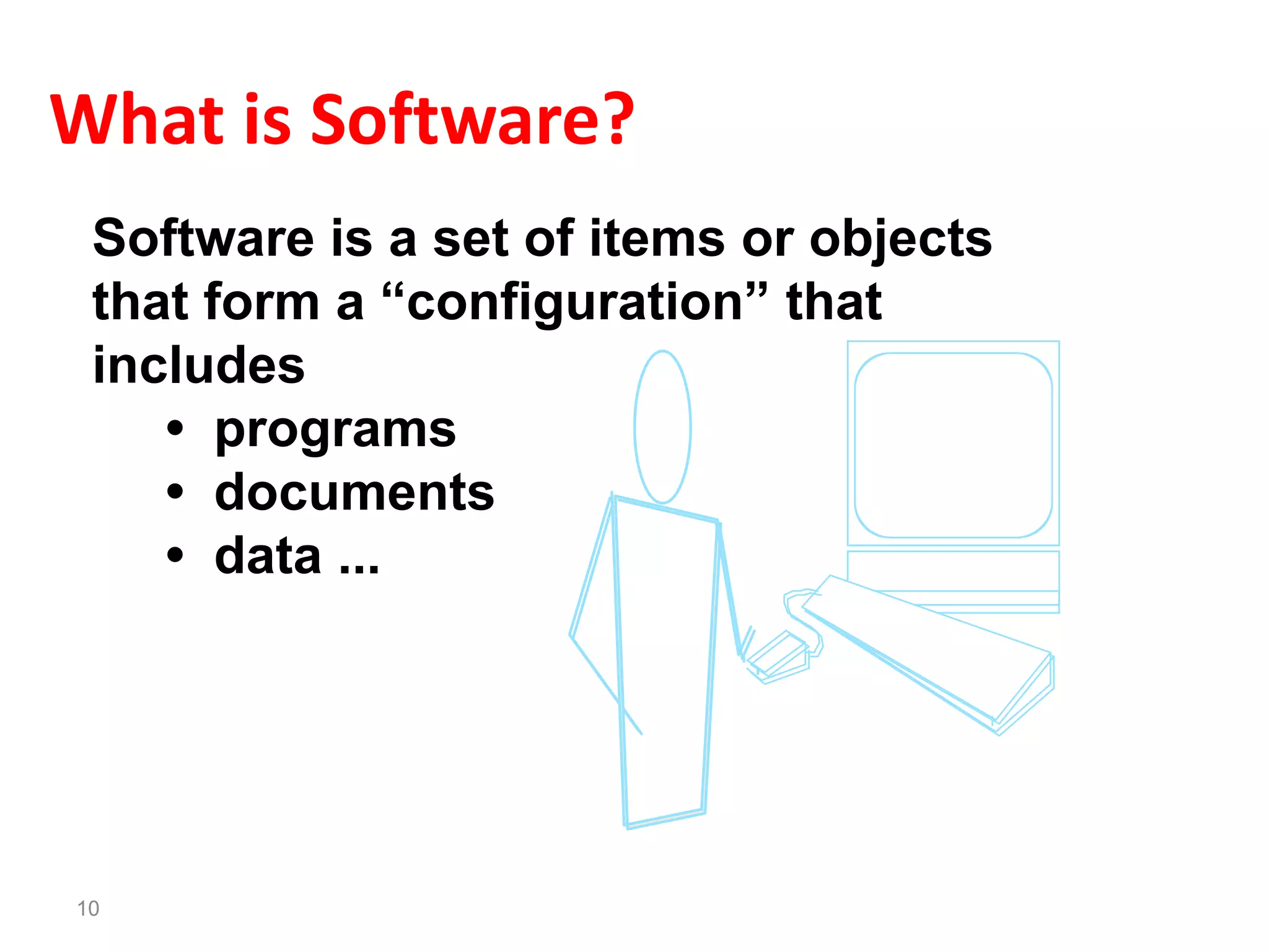 10
What is Software?
Software is a set of items or objects
that form a “configuration” that
includes
• programs
• documents
• data ...
 