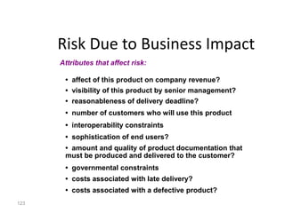 123
Risk Due to Business Impact
• affect of this product on company revenue?
• visibility of this product by senior management?
• reasonableness of delivery deadline?
• number of customers who will use this product
• interoperability constraints
• sophistication of end users?
• amount and quality of product documentation that
must be produced and delivered to the customer?
• governmental constraints
• costs associated with late delivery?
• costs associated with a defective product?
Attributes that affect risk:
 