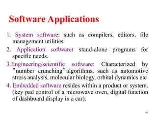 Software Applications
1. System software: such as compilers, editors, file
management utilities
2. Application software: stand-alone programs for
specific needs.
3.Engineering/scientific software: Characterized by
“number crunching”algorithms. such as automotive
stress analysis, molecular biology, orbital dynamics etc
4. Embedded software resides within a product or system.
(key pad control of a microwave oven, digital function
of dashboard display in a car).
19
 