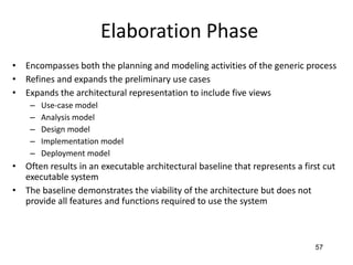 57
Elaboration Phase
• Encompasses both the planning and modeling activities of the generic process
• Refines and expands the preliminary use cases
• Expands the architectural representation to include five views
– Use-case model
– Analysis model
– Design model
– Implementation model
– Deployment model
• Often results in an executable architectural baseline that represents a first cut
executable system
• The baseline demonstrates the viability of the architecture but does not
provide all features and functions required to use the system
 