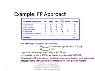 94
These slides are designed to
accompany Software Engineering: A
Practitioner’s Approach, 7/e (McGraw-
Hill 2009). Slides copyright 2009 by
Example: FP Approach
The estimated number of FP is derived:
FPestimated = count-total 3 [0.65 + 0.01 3 S (Fi)]
FPestimated = 375
organizational average productivity = 6.5 FP/pm.
burdened labor rate = $8000 per month, approximately $1230/FP.
Based on the FP estimate and the historical productivity data, total estimated
project cost is $461,000 and estimated effort is 58 person-months.
 