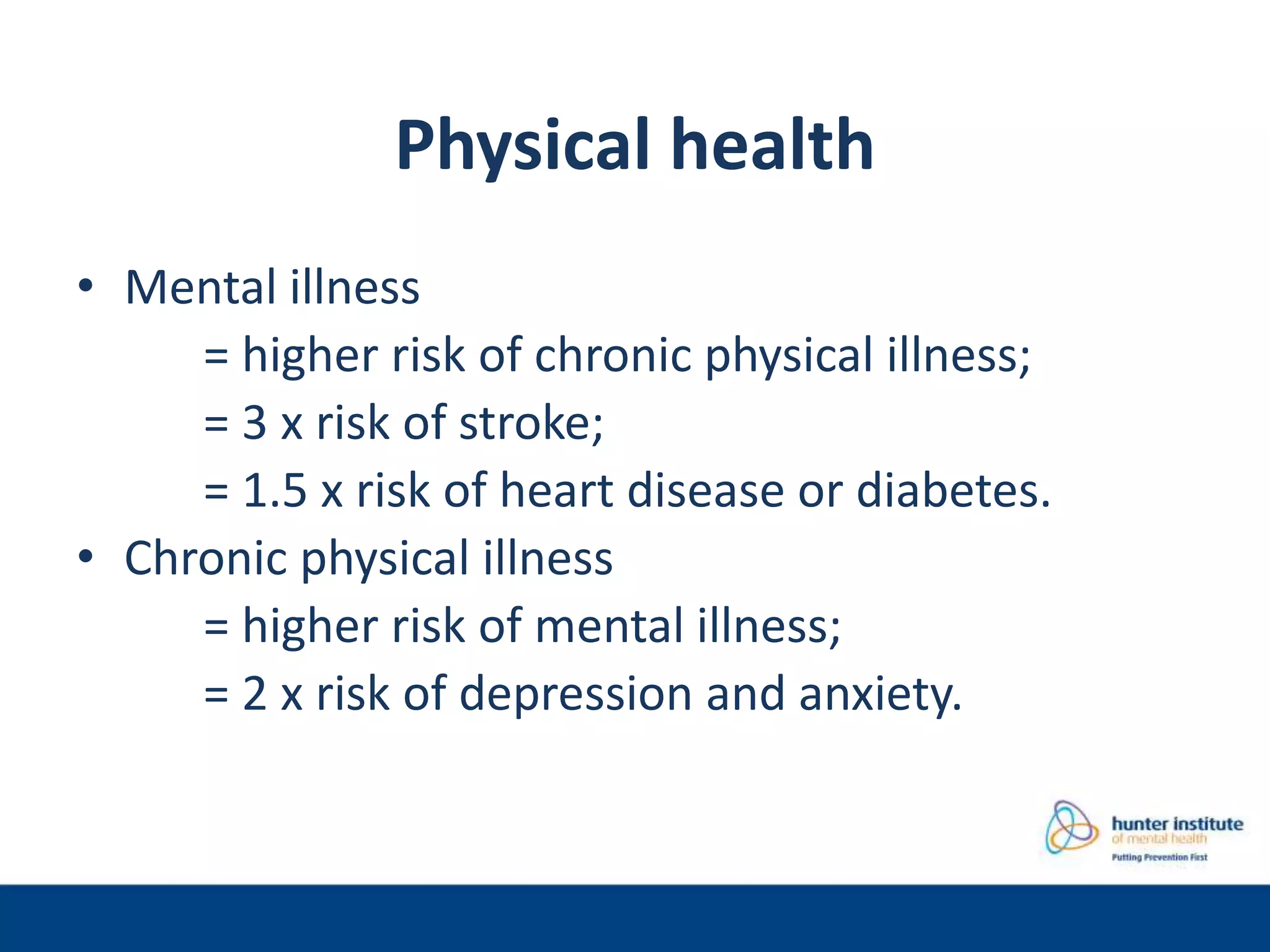 Physical health
• Mental illness
= higher risk of chronic physical illness;
= 3 x risk of stroke;
= 1.5 x risk of heart disease or diabetes.
• Chronic physical illness
= higher risk of mental illness;
= 2 x risk of depression and anxiety.
 