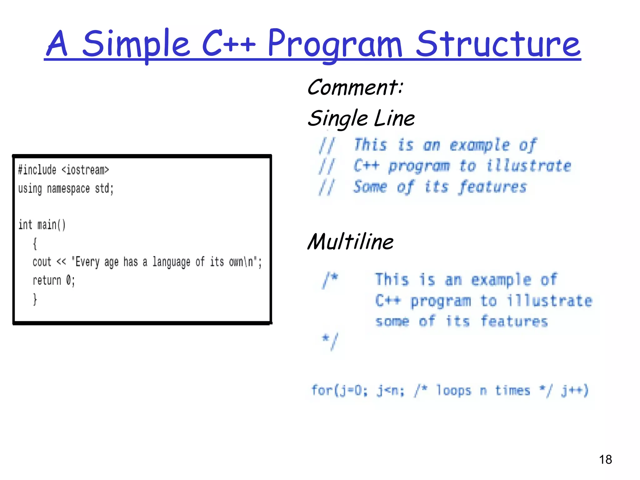 18
Comment:
Single Line
Multiline
A Simple C++ Program Structure
 