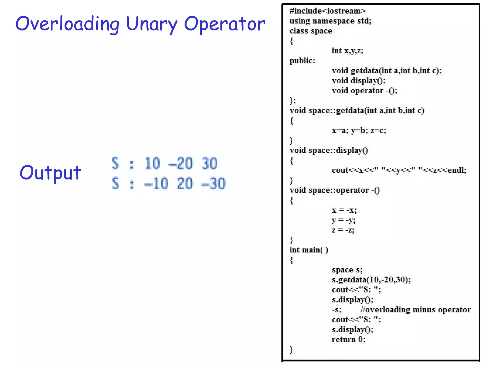 Overloading Unary Operator
Output
 