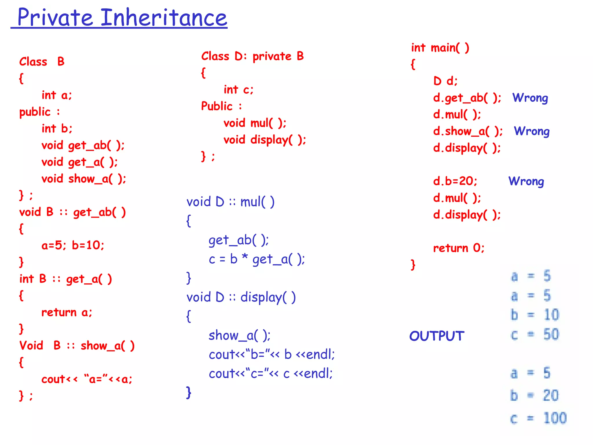 Private Inheritance
Class B
{
int a;
public :
int b;
void get_ab( );
void get_a( );
void show_a( );
} ;
void B :: get_ab( )
{
a=5; b=10;
}
int B :: get_a( )
{
return a;
}
Void B :: show_a( )
{
cout<< “a=”<<a;
} ;
Class D: private B
{
int c;
Public :
void mul( );
void display( );
} ;
int main( )
{
D d;
d.get_ab( ); Wrong
d.mul( );
d.show_a( ); Wrong
d.display( );
d.b=20; Wrong
d.mul( );
d.display( );
return 0;
}
OUTPUT
void D :: mul( )
{
get_ab( );
c = b * get_a( );
}
void D :: display( )
{
show_a( );
cout<<“b=”<< b <<endl;
cout<<“c=”<< c <<endl;
}
 