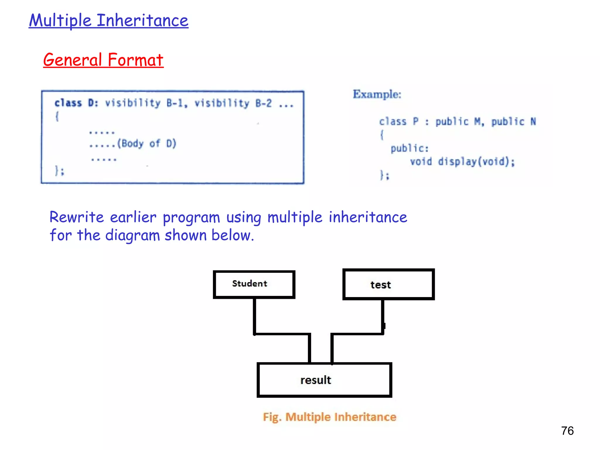Multiple Inheritance
76
Rewrite earlier program using multiple inheritance
for the diagram shown below.
General Format
 