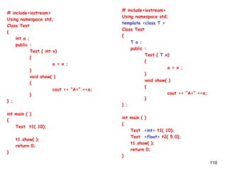 110
# include<iostream>
Using namespace std;
Class Test
{
int a ;
public :
Test ( int x)
{
a = x ;
}
void show( )
{
cout << “A=” <<a;
}
} ;
int main ( )
{
Test t1( 10);
t1.show( );
return 0;
}
# include<iostream>
Using namespace std;
template <class T >
Class Test
{
T a ;
public :
Test ( T x)
{
a = x ;
}
void show( )
{
cout << “A=” <<a;
}
} ;
int main ( )
{
Test <int> t1( 10);
Test <float> t2( 5.0);
t1.show( );
return 0;
}
 