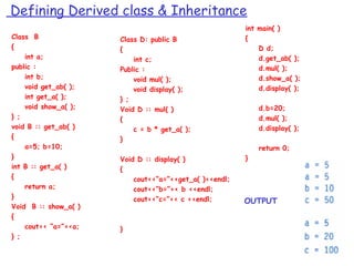 Defining Derived class & Inheritance
Class B
{
int a;
public :
int b;
void get_ab( );
int get_a( );
void show_a( );
} ;
void B :: get_ab( )
{
a=5; b=10;
}
int B :: get_a( )
{
return a;
}
Void B :: show_a( )
{
cout<< “a=”<<a;
} ;
Class D: public B
{
int c;
Public :
void mul( );
void display( );
} ;
Void D :: mul( )
{
c = b * get_a( );
}
Void D :: display( )
{
cout<<“a=”<<get_a( )<<endl;
cout<<“b=”<< b <<endl;
cout<<“c=”<< c <<endl;
}
int main( )
{
D d;
d.get_ab( );
d.mul( );
d.show_a( );
d.display( );
d.b=20;
d.mul( );
d.display( );
return 0;
}
OUTPUT
 