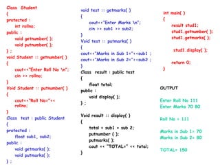 Class Student
{
protected :
int rollno;
public :
void getnumber( );
void putnumber( );
} ;
void Student :: getnumber( )
{
cout<<“Enter Roll No n”;
cin >> rollno;
}
Void Student :: putnumber( )
{
cout<<“Roll No=”<<
rollno;
}
Class test : public Student
{
protected :
float sub1, sub2;
public :
void getmarks( );
void putmarks( );
} ;
int main( )
{
result stud1;
stud1.getnumber( );
stud1.getmarks( );
stud1.display( );
return 0;
}
void test :: getmarks( )
{
cout<<“Enter Marks n”;
cin >> sub1 >> sub2;
}
Void test :: putmarks( )
{
cout<<“Marks in Sub 1=”<<sub1 ;
cout<<“Marks in Sub 2=”<<sub2 ;
}
Class result : public test
{
float total;
public :
void display( );
} ;
Void result :: display( )
{
total = sub1 + sub 2;
putnumber ( );
putmarks( );
cout << “TOTAL=” << total;
}
OUTPUT
Enter Roll No 111
Enter Marks 70 80
Roll No = 111
Marks in Sub 1= 70
Marks in Sub 2= 80
TOTAL= 150
 