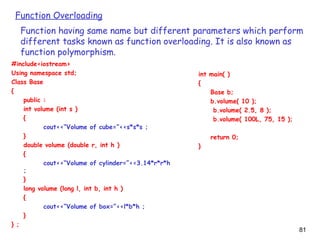 81
Function Overloading
Function having same name but different parameters which perform
different tasks known as function overloading. It is also known as
function polymorphism.
#include<iostream>
Using namespace std;
Class Base
{
public :
int volume (int s )
{
cout<<“Volume of cube=”<<s*s*s ;
}
double volume (double r, int h )
{
cout<<“Volume of cylinder=”<<3.14*r*r*h
;
}
long volume (long l, int b, int h )
{
cout<<“Volume of box=”<<l*b*h ;
}
} ;
int main( )
{
Base b;
b.volume( 10 );
b.volume( 2.5, 8 );
b.volume( 100L, 75, 15 );
return 0;
}
 