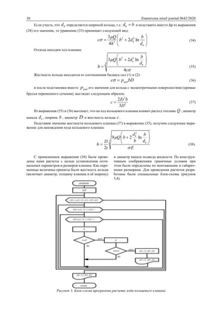 30 Znanstvena misel journal №42/2020
Если учесть, что 0d определяется шириной кольца, т.е. 0d b и подставить вместо ∆р из выражения
(28) его значение, то уравнение (33) принимает следующей вид:
2 2
3
3
2 ln
4
k
k
Q b
с b d
dh


 
  
 
(34)
Отсюда находим ход клапана:
2 2
3
3 2 ln
4
k
k
b
Q b d
d
h
c


 
 
  (35)
Жесткость кольца находится из соотношения баланса сил (1) и (2):
радс p bD  (36)
и после подстановки вместо радp его значения для кольца с эксцентричными поверхностями (кривые
брусья переменного сечения), выглядит следующим образом:
3
3
2
3
Et b
с
D
 (37)
Из выражения (35) и (36) вытекает, что на ход кольцевого клапана влияют расход топлива Q , диаметр
канала kd , ширина b , диаметр D и жесткость кольца c.
Подставив значение жесткости кольцевого клапана (37) в выражение (35), получим следующее выра-
жение для нахождения хода кольцевого клапана:
2
3
9 2 ln
2
k
k
d b
Q b
b dD
h
t E


 
 
  (38).
С применением выражения (38) были прове-
дены нами расчеты с целью установления опти-
мальных параметров и размеров клапана. Как пере-
менные величины приняты были жесткость кольца
(включает диаметр, толщину клапана и её ширину)
и диаметр канала подвода жидкости. По конструк-
тивным соображениям граничные условия при
этом были определены по монтажными и габарит-
ными размерами. Для проведения расчетов разра-
ботаны были специальные блок-схемы (рисунок
3,4).
Рисунок 3. Блок-схема программы расчета хода кольцевого клапана
 