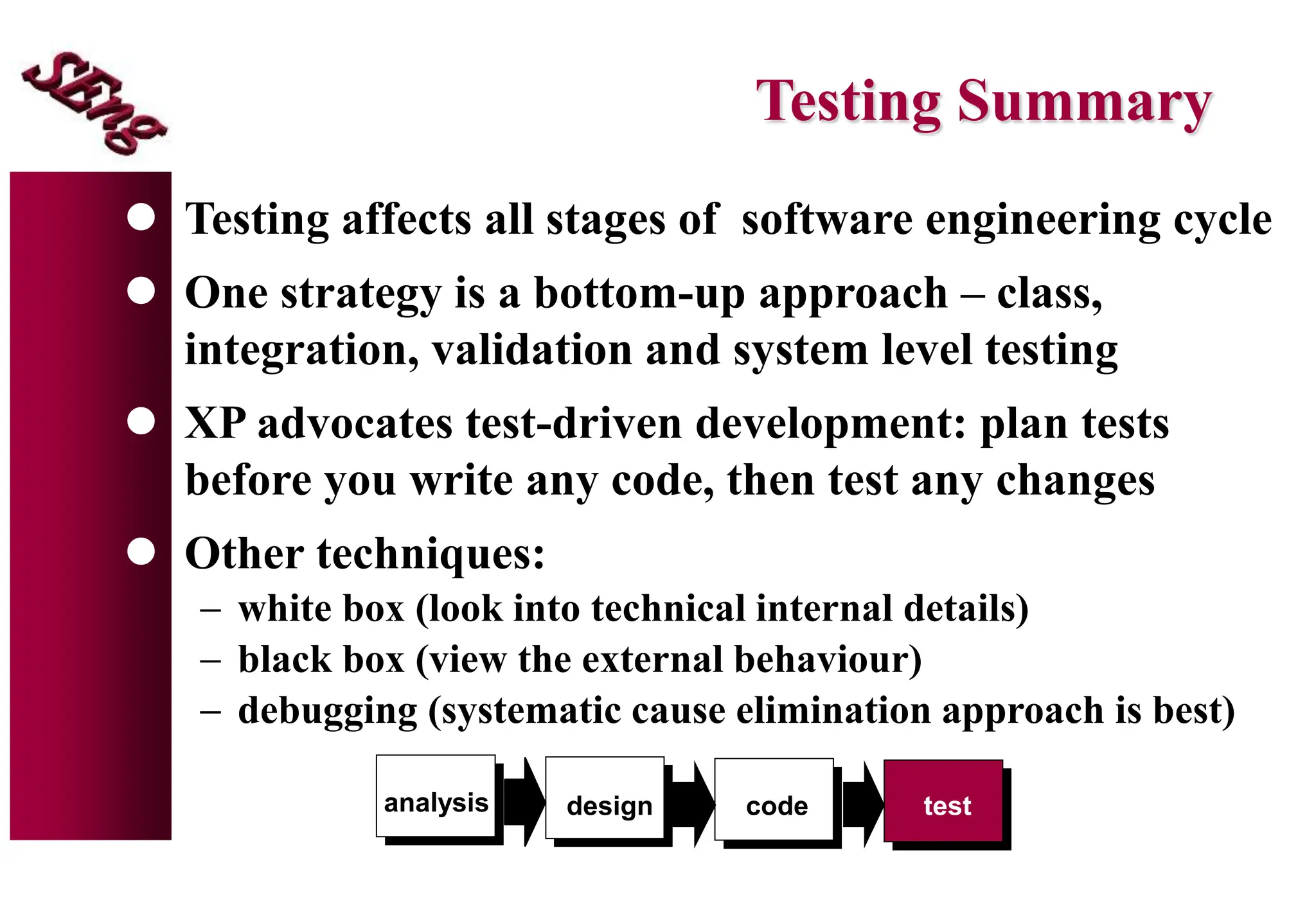 Testing Summary
 Testing affects all stages of software engineering cycle
 One strategy is a bottom-up approach – class,
integration, validation and system level testing
 XP advocates test-driven development: plan tests
before you write any code, then test any changes
 Other techniques:
 white box (look into technical internal details)
 black box (view the external behaviour)
 debugging (systematic cause elimination approach is best)
analysis design code test
 