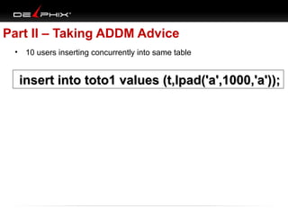 Part II – Taking ADDM Advice
•

10 users inserting concurrently into same table

insert into toto1 values (t,lpad('a',1000,'a'));

 