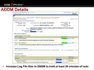 ADDM Details

• Increase Log File Size to 2000M to hold at least 20 minutes of redo

 