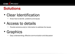 Solutions

• Clear Identification
•

Know how to identify problems and issues

• Access to details
•

Provide solutions and/or information to address the issues

• Graphics
•

Easy understanding, effective communication and discussion

 