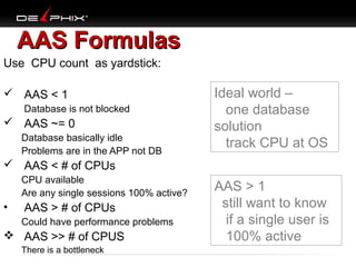 AAS Formulas
Use CPU count as yardstick:
 AAS < 1
Database is not blocked

 AAS ~= 0
Database basically idle
Problems are in the APP not DB

Ideal world –
one database
solution
track CPU at OS

 AAS < # of CPUs
CPU available
Are any single sessions 100% active?

•

AAS > # of CPUs
Could have performance problems

 AAS >> # of CPUS
There is a bottleneck

AAS > 1
still want to know
if a single user is
100% active

 