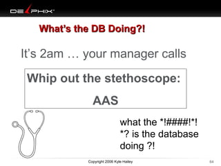 What’s the DB Doing?!

It’s 2am … your manager calls
Whip out the stethoscope:
AAS
what the *!####!*!
*? is the database
doing ?!
10/18/13

Copyright 2006 Kyle Hailey

64

 