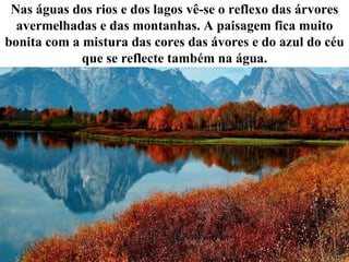 Nas águas dos rios e dos lagos vê-se o reflexo das árvores avermelhadas e das montanhas. A paisagem fica muito bonita com a mistura das cores das ávores e do azul do céu que se reflecte também na água. 