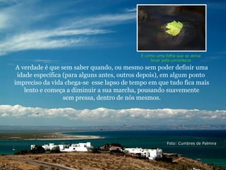 É como uma folha que se deixa
                                                levar pela correnteza

 A verdade é que sem saber quando, ou mesmo sem poder definir uma
 idade específica (para alguns antes, outros depois), em algum ponto
impreciso da vida chega-se esse lapso de tempo em que tudo fica mais
    lento e começa a diminuir a sua marcha, pousando suavemente
                  sem pressa, dentro de nós mesmos.




                                                        Foto: Cumbres de Palmira
 