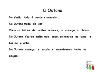 O Outono 
No Verão tudo é verde e amarelo . 
No Outono muda de cor. 
Caem as folhas de muitas árvores, e começa a chover. 
No Outono faz-se noite mais cedo, colhem-se as uvas e 
faz-se o vinho. 
No Outono começa e escola e encontramos todos os 
amigos. 
