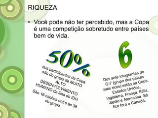 RIQUEZA Você pode não ter percebido, mas a Copa é uma competição sobretudo entre países bem de vida. 6 Dos sete integrantes do G-7 (grupo dos países mais ricos) estão na Copa: Estados Unidos, Inglaterra, França, Itália, Japão e Alemanha. Só fica fora o Canadá. 50% dos participantes da Copa são do grupo de MUITO ALTO DESENVOLVIMENTO HUMANO da lista do IDH. São 16 nações entre as 38 do grupo. 