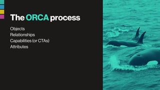 TheORCAprocess
Objects
Relationships
Capabilities (or CTAs)
Attributes
 