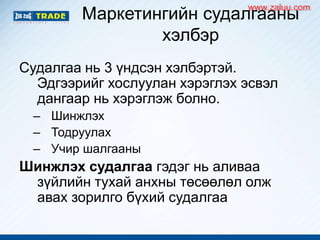 Маркетингийн судалгааны
хэлбэр
Судалгаа нь 3 үндсэн хэлбэртэй.
Эдгээрийг хослуулан хэрэглэх эсвэл
дангаар нь хэрэглэж болно.
– Шинжлэх
– Тодруулах
– Учир шалгааны
Шинжлэх судалгаа гэдэг нь аливаа
зүйлийн тухай анхны төсөөлөл олж
авах зорилго бүхий судалгаа
www.zaluu.comwww.zaluu.com
 