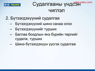 Судалгааны үндсэн
чиглэл
2. Бүтээгдэхүүний судалгаа
– Бүтээгдэхүүний шинэ санаа олох
– Бүтээгдэхүүнийг турших
– Баглаа боодлын янз бүрийн төрлийг
судалж, турших
– Шинэ бүтээгдэхүүн үүсгэх судалгаа
www.zaluu.comwww.zaluu.com
 