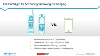 17Copyright © 2015 Capgemini. All Rights Reserved
Presentation Title | Date
The Paradigm for Advancing/Improving is Changing
1.  Incremental Adoption of Capabilities
2.  Optional Adoption by Individual, not Role
3.  Passive Adoption – Through Updates
4.  Platform-based Advancements – Marketplace
vs.
 
