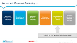 3Copyright © 2015 Capgemini. All Rights Reserved
Presentation Title | Date
Focus of this assessment discussion
We are and We are not Addressing …
Migrating
Workloads to
the Cloud
Cloud Native
Build (PaaS)
Managed
Platform
Services
Infra as a
Service (IaaS)
Software as a
Service
(SaaS)
Business
Process as a
Service
(BPaaS)
 