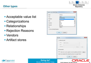 SOA GovernanceOracle Enterprise RepositoryPoliciesDefineSOA Management Pack EEService discovery andEndpoint managementMeasureOracle Service Registry Oracle Enterprise RepositoryEducateEnforce•Design time: Oracle Enterprise Repository•Run time: Oracle Webservice ManagerOracle SOA governance tooling11© 2010 Capgemini. All rights reserved.