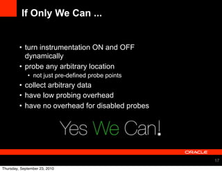 If Only We Can ...


         • turn instrumentation ON and OFF
           dynamically
         • probe any arbitrary location
             • not just pre-defined probe points
         • collect arbitrary data
         • have low probing overhead
         • have no overhead for disabled probes




                                                   17
Thursday, September 23, 2010
 