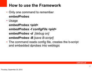 How to use the Framework
       • Only one command to remember
         embedProbes
       • Usage
         embedProbes <pid>
         embedProbes -f configFile <pid>
         embedProbes -d [debug on]
         embedProbes -B [save B-script]
       • The command reads config file, creates the b-script
         and embedded dprobes into weblogic




                                                               37
Thursday, September 23, 2010
 