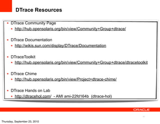 DTrace Resources

   • DTrace Community Page
     • http://hub.opensolaris.org/bin/view/Community+Group+dtrace/

   • DTrace Documentation
     • http://wikis.sun.com/display/DTrace/Documentation

   • DTraceToolkit
     • http://hub.opensolaris.org/bin/view/Community+Group+dtrace/dtracetoolkit

   • DTrace Chime
     • http://hub.opensolaris.org/bin/view/Project+dtrace-chime/

   • DTrace Hands on Lab
     • http://dtracehol.com/ - AMI ami-22fd164b (dtrace-hol)


                                                                            41

Thursday, September 23, 2010
 