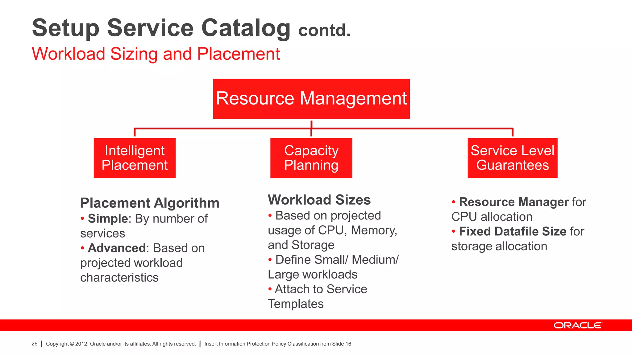 Setup Service Catalog contd.
Workload Sizing and Placement

                                                                                Resource Management

                              Intelligent                                                                      Capacity                            Service Level
                              Placement                                                                        Planning                             Guarantees

                    Placement Algorithm                                                                 Workload Sizes                          • Resource Manager for
                    • Simple: By number of                                                              • Based on projected                    CPU allocation
                    services                                                                            usage of CPU, Memory,                   • Fixed Datafile Size for
                    • Advanced: Based on                                                                and Storage                             storage allocation
                    projected workload                                                                  • Define Small/ Medium/
                    characteristics                                                                     Large workloads
                                                                                                        • Attach to Service
                                                                                                        Templates


26   Copyright © 2012, Oracle and/or its affiliates. All rights reserved.   Insert Information Protection Policy Classification from Slide 16
 