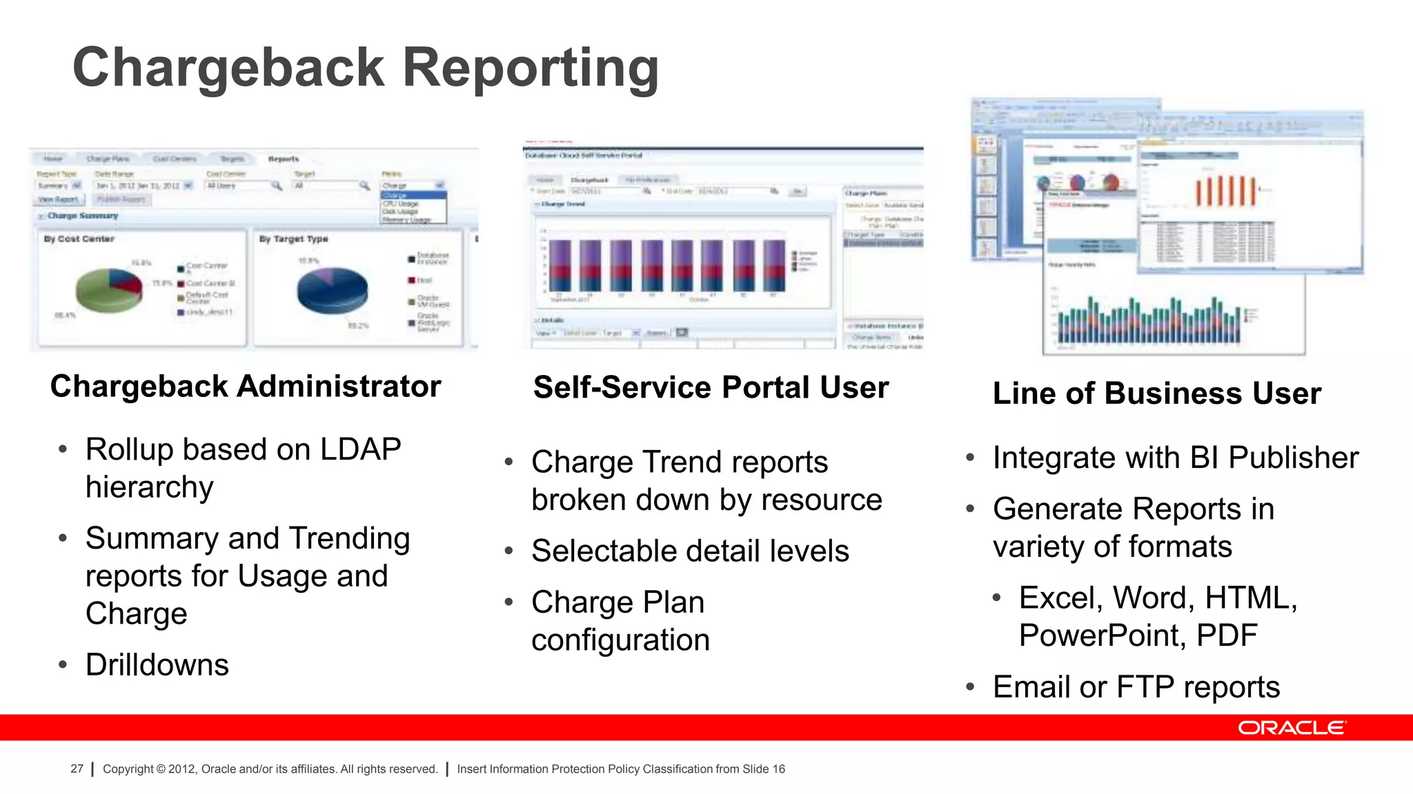 Chargeback Reporting




Chargeback Administrator                                                                    Self-Service Portal User                               Line of Business User
• Rollup based on LDAP                                                                • Charge Trend reports                                     • Integrate with BI Publisher
  hierarchy                                                                             broken down by resource                                  • Generate Reports in
• Summary and Trending                                                                • Selectable detail levels                                   variety of formats
  reports for Usage and
                                                                                      • Charge Plan                                               • Excel, Word, HTML,
  Charge
                                                                                        configuration                                               PowerPoint, PDF
• Drilldowns
                                                                                                                                                 • Email or FTP reports

 27   Copyright © 2012, Oracle and/or its affiliates. All rights reserved.   Insert Information Protection Policy Classification from Slide 16
 