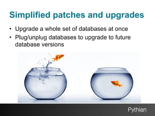 Simplified patches and upgrades
•  Upgrade a whole set of databases at once
•  Plug/unplug databases to upgrade to future
database versions

 