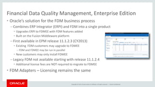 Copyright © 2015, Oracle and/or its affiliates. All rights reserved. |
Financial Data Quality Management, Enterprise Edition
• Oracle’s solution for the FDM business process
– Combines ERP Integrator (ERPI) and FDM into a single product
• Upgrades ERPI to FDMEE with FDM features added
• Built on the Fusion Middleware platform
– First available in EPM release 11.1.2.3 (CY2013)
• Existing FDM customers may upgrade to FDMEE
– FDM and FDMEE may be run in parallel
• New customers may only install FDMEE
– Legacy FDM not available starting with release 11.1.2.4
• Additional license fees are NOT required to migrate to FDMEE
• FDM Adapters – Licensing remains the same
Oracle Confidential
 