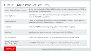 Copyright © 2015, Oracle and/or its affiliates. All rights reserved. |
FDMEE – Main Product Features
Source System /Import Format
Define sources including files and ERPs, and then map the source columns/fields to
dimensions in EPM applications
Mapping Rules
Identify how source dimensionality translates to target dimensionality. This is the
heart of the FDMEE application
Data Load Rules
Create an integration definition that can be reused each period. Uses a point of
view specified by the user for period, category, etc.
Scripting Customize FDMEE processing using Jython or Visual Basic scripting
Reporting Modify seeded reports or create new reports using BI Publisher
Batch Processing Create batch definitions that can be scheduled and run in “offline” mode
Data Synchronization
(New in 11.1.2.4)
Select EPM Applications as an integration source, including HFM journals
Oracle Confidential
 