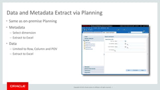 Copyright © 2015, Oracle and/or its affiliates. All rights reserved. |
Data and Metadata Extract via Planning
• Same as on-premise Planning
• Metadata
– Select dimension
– Extract to Excel
• Data
– Limited to Row, Column and POV
– Extract to Excel
 