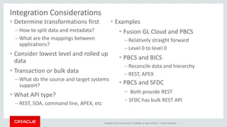Copyright © 2015, Oracle and/or its affiliates. All rights reserved. |
Integration Considerations
• Determine transformations first
– How to split data and metadata?
– What are the mappings between
applications?
• Consider lowest level and rolled up
data
• Transaction or bulk data
– What do the source and target systems
support?
• What API type?
– REST, SOA, command line, APEX, etc
Oracle Confidential
• Examples
• Fusion GL Cloud and PBCS
– Relatively straight forward
– Level 0 to level 0
• PBCS and BICS
– Reconcile data and hierarchy
– REST, APEX
• PBCS and SFDC
‒ Both provide REST
‒ SFDC has bulk REST API
 