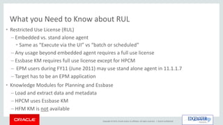 Copyright © 2015, Oracle and/or its affiliates. All rights reserved. |
What you Need to Know about RUL
• Restricted Use License (RUL)
– Embedded vs. stand alone agent
• Same as “Execute via the UI” vs “batch or scheduled”
– Any usage beyond embedded agent requires a full use license
– Essbase KM requires full use license except for HPCM
– EPM users during FY11 (June 2011) may use stand alone agent in 11.1.1.7
– Target has to be an EPM application
• Knowledge Modules for Planning and Essbase
– Load and extract data and metadata
– HPCM uses Essbase KM
– HFM KM is not available
Oracle Confidential
 