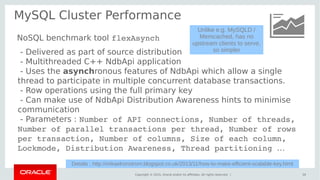 Copyright © 2015, Oracle and/or its affiliates. All rights reserved. |
MySQL Cluster Performance
30
- Delivered as part of source distribution
- Multithreaded C++ NdbApi application
- Uses the asynchronous features of NdbApi which allow a single
thread to participate in multiple concurrent database transactions.
- Row operations using the full primary key
- Can make use of NdbApi Distribution Awareness hints to minimise
communication
- Parameters : Number of API connections, Number of threads, 
Number of parallel transactions per thread, Number of rows 
per transaction, Number of columns, Size of each column, 
Lockmode, Distribution Awareness, Thread partitioning …
NoSQL benchmark tool flexAsynch
Unlike e.g. MySQLD /
Memcached, has no
upstream clients to serve,
so simpler
Details : http://mikaelronstrom.blogspot.co.uk/2013/11/how-to-make-efficient-scalable-key.html
 