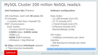 Copyright © 2015, Oracle and/or its affiliates. All rights reserved. |
MySQL Cluster 200 million NoSQL reads/s
38
Intel hardware lab (Thanks!)
105 machines, each with 28 cores (56
HT threads)
- 2 sockets Intel Xeon 'Haswell' E5-
2697 v3 processors
Each socket :
- 14 cores (28 HT threads)
- 2.6GHz base, 3.6GHz turbo
- 35MB LLC
- 64GB DDR4 memory
- Infiniband + Gig Ethernet
56 Gbps switched Infiniband network.
~1 Tbps bisection bandwidth
Software configuration
Data nodes :
- 12 LDM threads (non-HT)
- 12 TC threads (HT)
- 2 Send threads (non-HT)
- 8 Receive threads (HT)
- MaxSendDelay config
API nodes :
- 3 NdbApi connections per client
machine
- 256 flexAsynch threads per client
machine
Scripts : https://dev.mysql.com/downloads/benchmarks.html
 