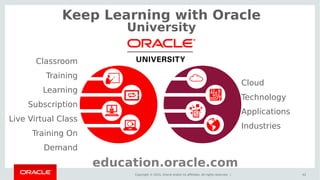 Copyright © 2015, Oracle and/or its affiliates. All rights reserved. | 42
Classroom
Training
Learning
Subscription
Live Virtual Class
Training On
Demand
Keep Learning with Oracle
University
education.oracle.com
Cloud
Technology
Applications
Industries
 