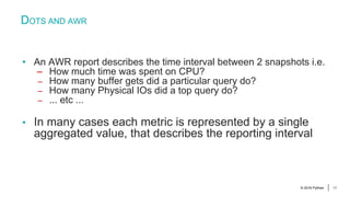 © 2016 Pythian 17
DOTS AND AWR
• An AWR report describes the time interval between 2 snapshots i.e.
– How much time was sp...