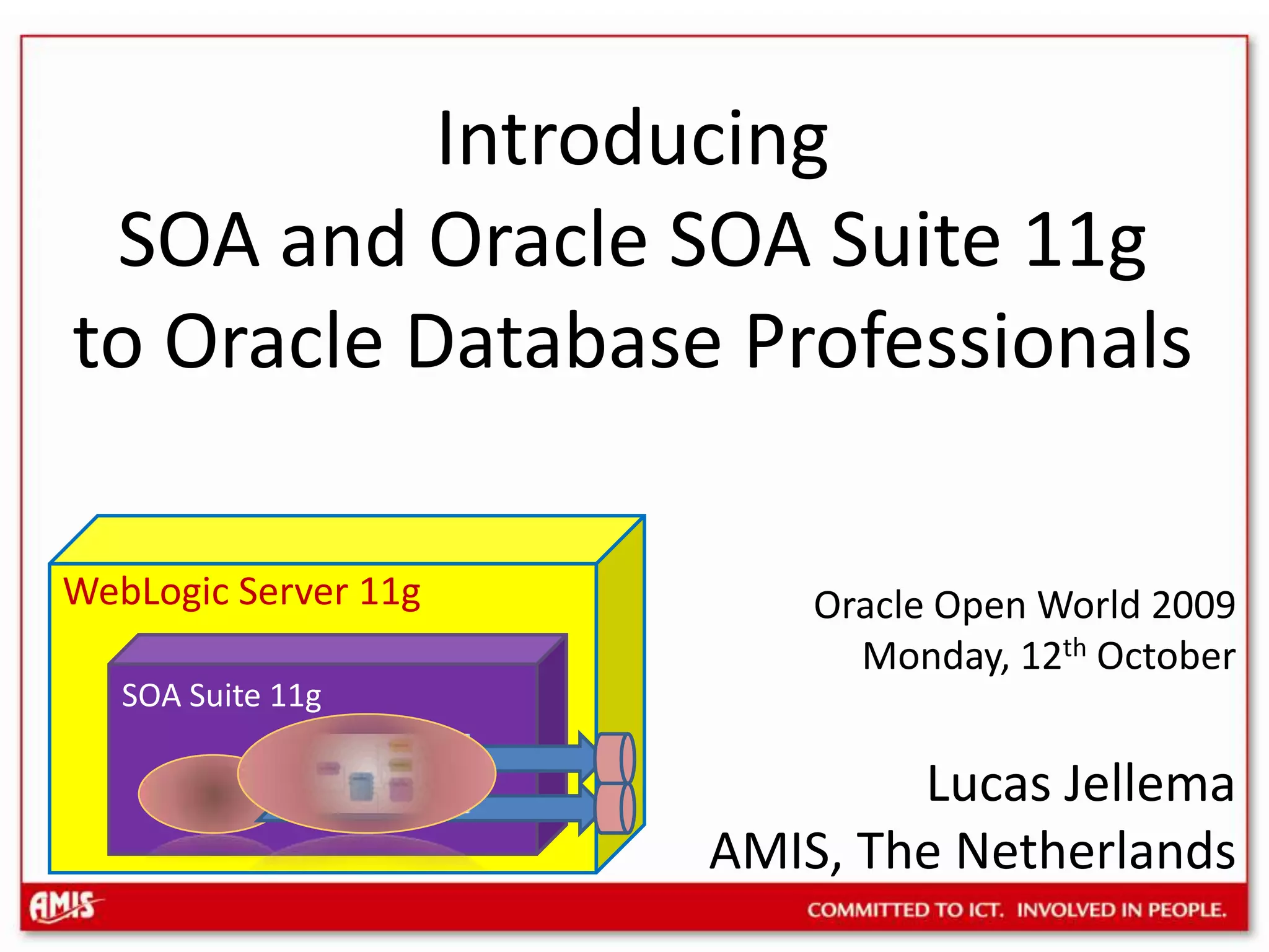 IntroducingSOA and Oracle SOA Suite 11g to Oracle Database ProfessionalsWebLogic Server 11gOracle Open World 2009Monday, 12th OctoberLucas Jellema AMIS, The NetherlandsSOA Suite 11g