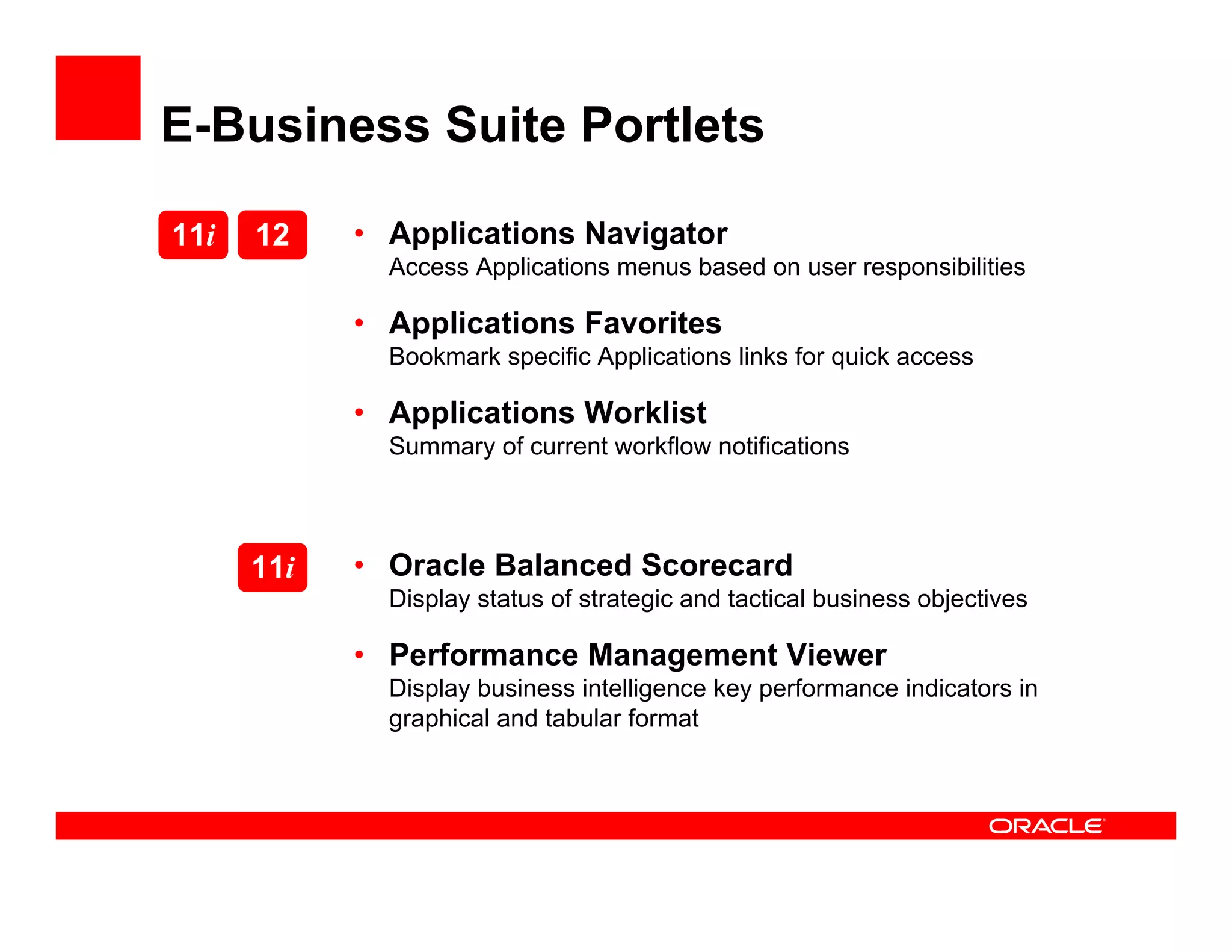 E-Business Suite Portlets

11i   12    • Applications Navigator
              Access Applications menus based on user responsibilities

            • Applications Favorites
              Bookmark specific Applications links for quick access

            • Applications Worklist
              Summary of current workflow notifications



      11i   • Oracle Balanced Scorecard
              Display status of strategic and tactical business objectives

            • Performance Management Viewer
              Display business intelligence key performance indicators in
              graphical and tabular format
 